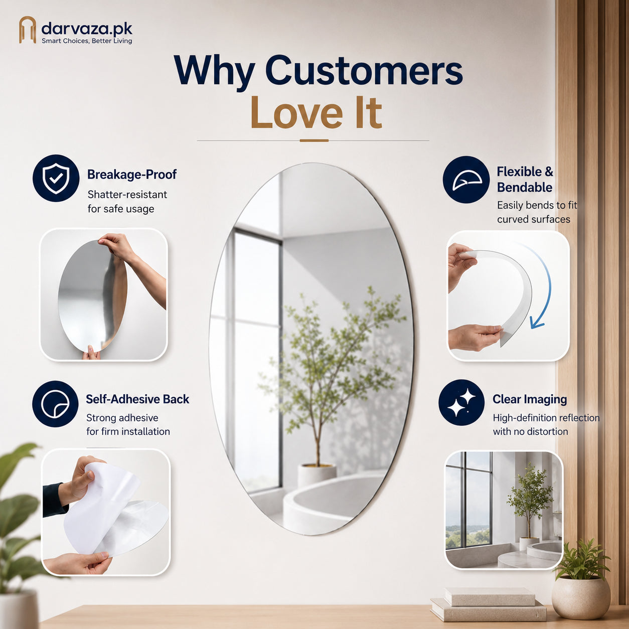 Pack of 3 Flexible Self-Adhesive Oval Shape Mirror Stickers (3 Pcs)