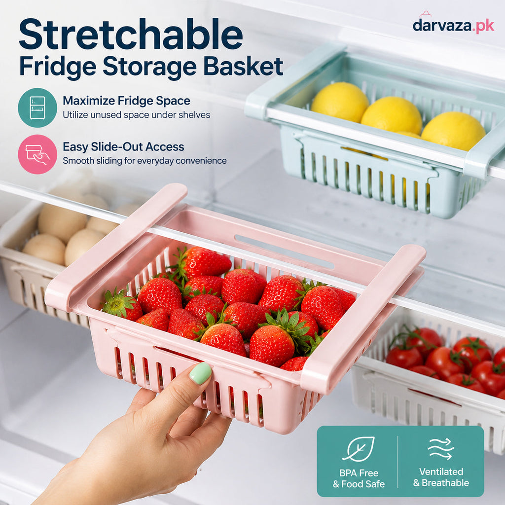 Buy 1 Get 1 Free – Adjustable Stretchable Fridge Storage Basket Racks Pack of 2
