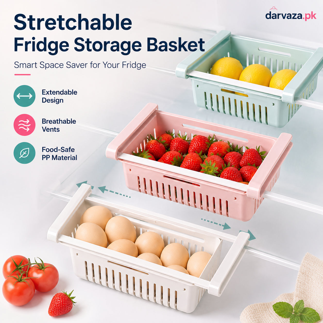 Buy 1 Get 1 Free – Adjustable Stretchable Fridge Storage Basket Racks Pack of 2