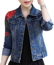 Load image into Gallery viewer, Huiwa Womens Denim Jacket Embroidery Floral Long Sleeve Jeans Coat Skinny Jackets