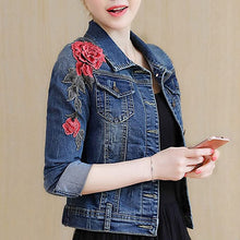 Load image into Gallery viewer, Huiwa Womens Denim Jacket Embroidery Floral Long Sleeve Jeans Coat Skinny Jackets