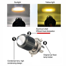 Load image into Gallery viewer, H4 Motorcycle Mini LED Projector Headlight Bulbs Dual Colors White Yellow ATV Scooter E-Bikes Head Light Lamp