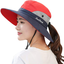 Load image into Gallery viewer, Women's Outdoor UV-Protection-Foldable Sun-Hats Mesh Wide-Brim Beach Fishing Hat with Ponytail-Hole