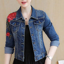 Load image into Gallery viewer, Huiwa Womens Denim Jacket Embroidery Floral Long Sleeve Jeans Coat Skinny Jackets