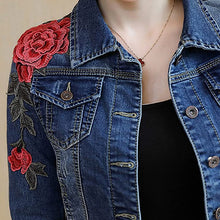 Load image into Gallery viewer, Huiwa Womens Denim Jacket Embroidery Floral Long Sleeve Jeans Coat Skinny Jackets