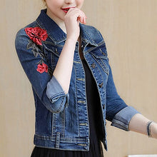 Load image into Gallery viewer, Huiwa Womens Denim Jacket Embroidery Floral Long Sleeve Jeans Coat Skinny Jackets