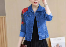 Load image into Gallery viewer, Huiwa Womens Denim Jacket Embroidery Floral Long Sleeve Jeans Coat Skinny Jackets