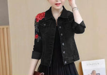 Load image into Gallery viewer, Huiwa Womens Denim Jacket Embroidery Floral Long Sleeve Jeans Coat Skinny Jackets